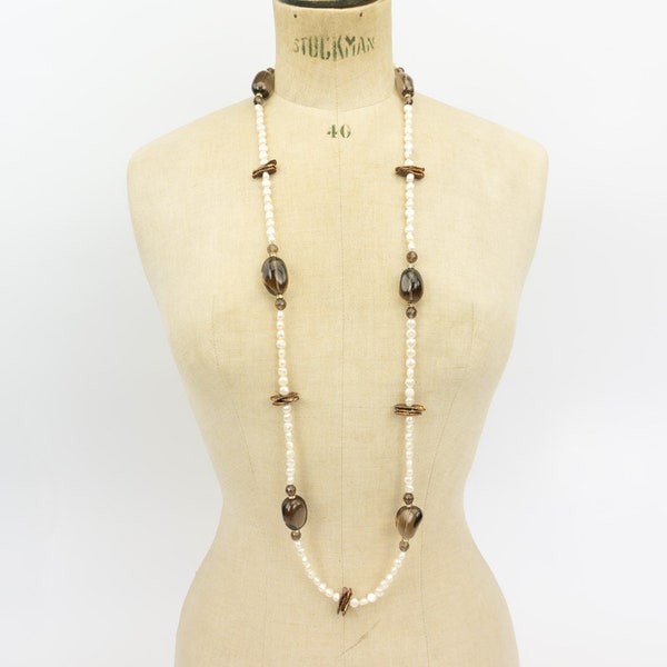 Collier Perles Keshi Vintage | 1980s | Grand Collier de Perles | Sautoir | Bijou Fantaisie | Perles Quartz Fumé | Collier Long