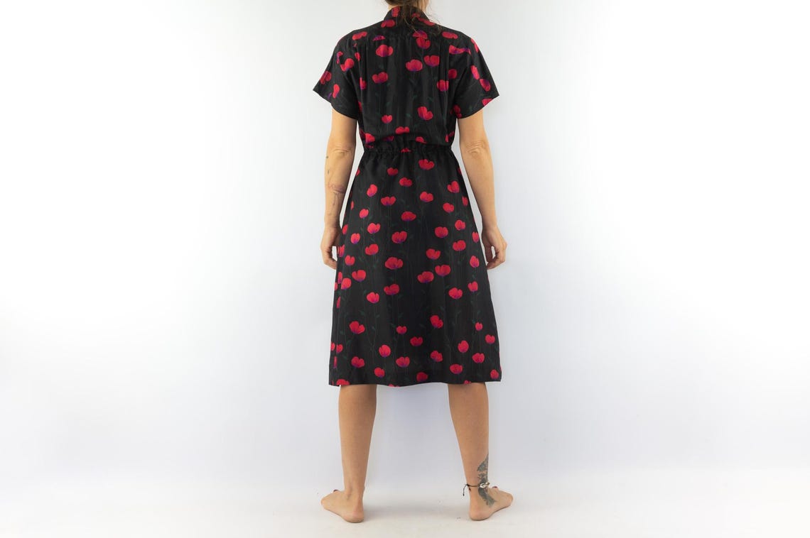 Vintage Floral Silk Shirt Dress 1950s | Red Poppy Print | Made in France | Size S, Foto 4 von 5