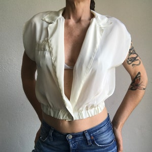 Short Vintage Top 1980s Shiny Ivory Blouse Crossed Blouse Sleeveless French Vintage Crop Top Made in France Size S image 4