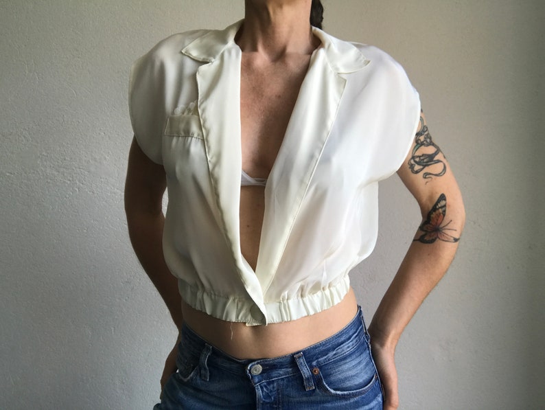 Short Vintage Top 1980s Shiny Ivory Blouse Crossed Blouse Sleeveless French Vintage Crop Top Made in France Size S image 4