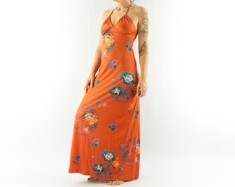 Vintage Maxi Dress 1970s | Orange Psychedelic Floral Print, Backless | Boho | S/M