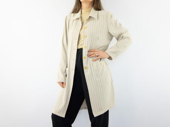 Saint Laurent, Vintage Yves Saint Laurent Blazer Coat 1980s | Long Pinstripe Oversized Jacket | France | M