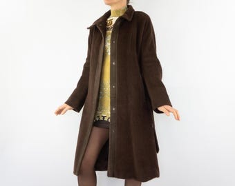 Max Mara Langer Mantel 1990er Jahre | Braun Alpaka Wolle Gürtel | Hergestellt in Italien | M/L
