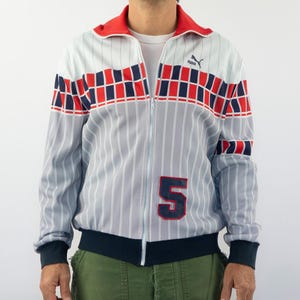 Puma Vintage Track Jacket 1980s | Shiny White Gray with Red Blue Geometric Pattern | Retro Sports Jacket | Made in France | Size M