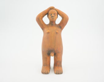Vintage Figurative Sculpture | 1960s | Naked Man | Terracotta Statue | Brutalist Art | Mid-Century | Naive Art | Made in France