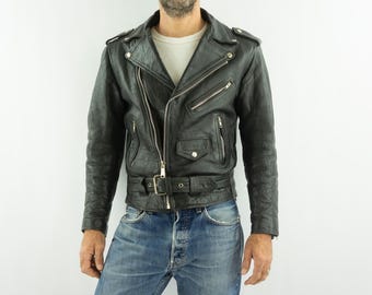 Vintage Biker Jacket 1980s | Black Heavy Leather Perfecto | Punk Rock Outfit |  M