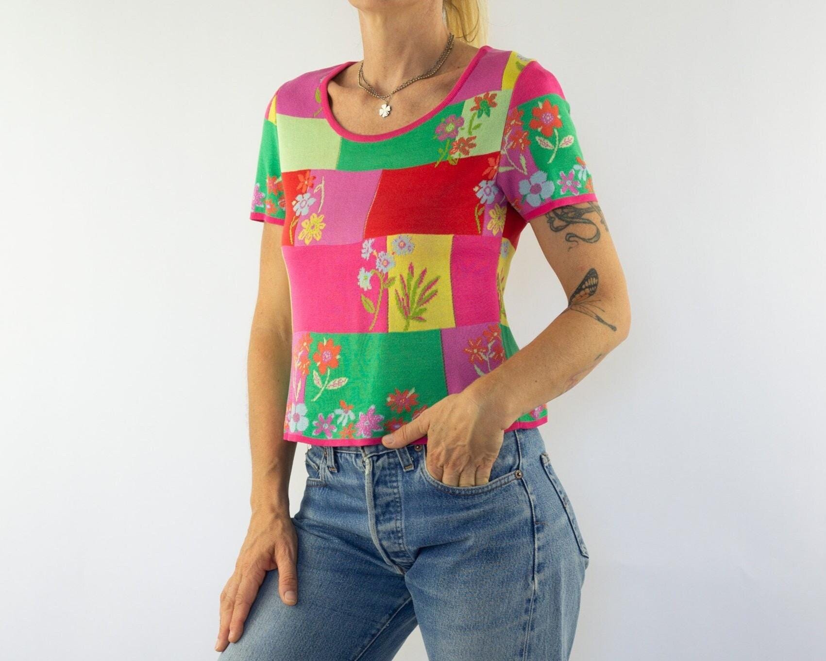Kenzo Vintage Floral Knit Top 1990s | Colorful Cotton, Short