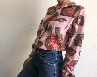 Vintage blouse met print jaren 80 | Shirt met pastelkleurige bloemen, retromotief uit de jaren 50 | Lichtgewicht | Frankrijk | S/M