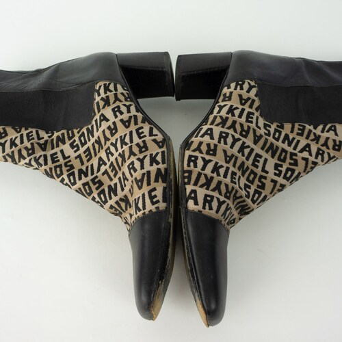 Sonia Rykiel | Vintage Ankle shops Boots | 1990s | Monogram Canvas/Leather Boots | Black/Beige | Rectangular Tip | Made in Italy | EU39 UK6 US8,5
