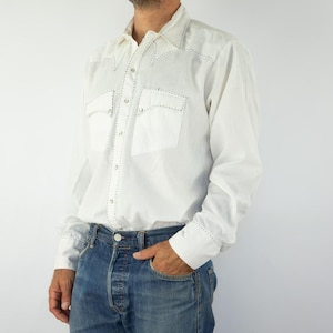 Rockmount | Vintage Western Shirt | 1990s | White Cowboy Shirt/Black Overstitching | Rodeo/Western Wear | Rockabilly | Retro | Size L