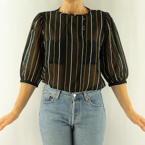 Daniel Hechter Vintage Striped Sheer Blouse 1980s | Black Yellow White | Puff Sleeves Wrap Buttoned Top | Made in France | Size M