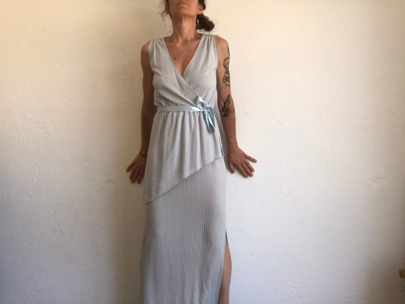 Vintage Evening Dress Maxi Dress 1980s Striped Infinity Dress Light Blue/White Ruffle Dress Made in France Size S image 1