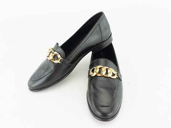 Vintage Black Leather Loafers | Moccasins Gold Chain Detail  display picture 3