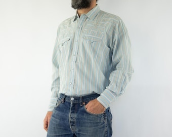 Vintage Western Shirt 1970s | Blue White Striped Embroidered Cowboy Shirt | M