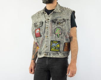 Gilet à Patches Vintage 1990s | Battle Jacket Sans Manches Jean Noir | Kutte Punk Rock Metal Heavy | M