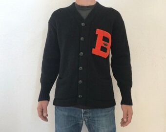 トップス 50s-60s WILSON lettered cardigan black Vintage Black Wool College Letterman Cardigan Sweater 1960s