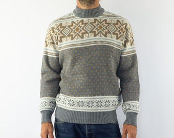 Vintage Nordic Wool Sweater 1980s | Scottish Knit Jumper | Snowflake Ski Sweater | Retro Pullover | M