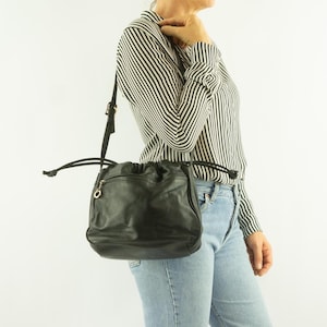 Vintage Crossbody Bag 1990s | Black Leather | Drawstring Bucket Shoulder Bag