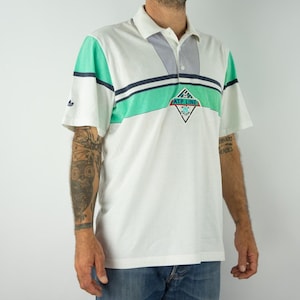 Adidas ATP Line Vintage Tennis Polo 1990s | Graphic Design Green Grey Navy | White Cotton Retro Sportswear | Size M