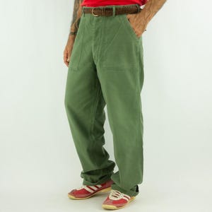 Vintage US Army OG-107 Pants 1960s | Fatigue Trousers 1st Pattern | Utility Military Pants Type 1 | Olive Green Cotton | Made in USA | 34x33