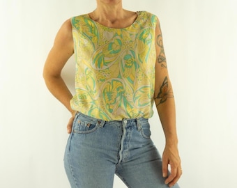 Blusa regata vintage de seda dos anos 60 | Estampa floral barroca estilo Pucci, blusa retrô chique | M