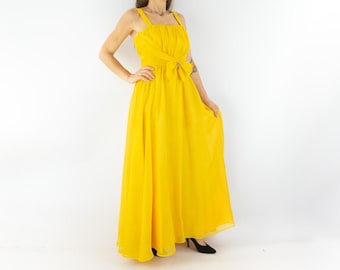 Vintage Gelbes Ballkleid 1980er Jahre | Maxi Prinzessinnenkleid | Sommer Abendkleid mit Riemen | M