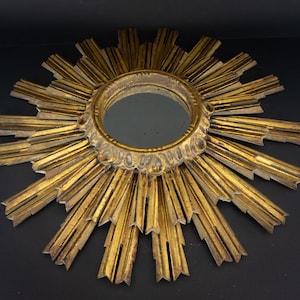 Vintage Sunburst Mirror 1950s | Carved Gilded Wood Frame | Double Ray Sun Mirror | Witch Eye Wall Mirror | Hollywood Regency Curiosity Decor