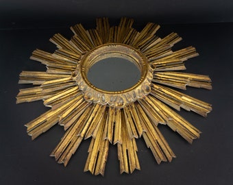 Vintage Sunburst Mirror | 1950s | Carved/Gilded  Wood Frame | Double Ray Sun Mirror | Witch Eye | Curiosity Cabinet | Hollywood Regency