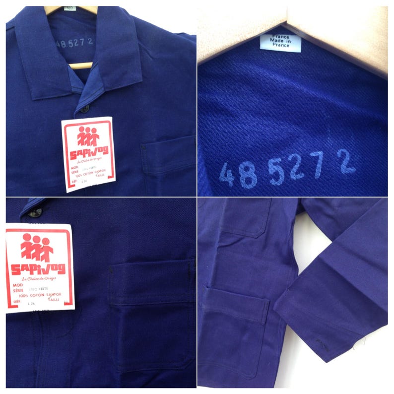 May include: A dark blue workwear jacket with multiple pockets and a label that reads "SAPivog" and "France Made in France". The jacket has a number "485272" printed on the inside collar.