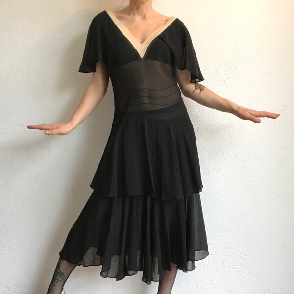 RESERVED: Flapper dress | Vintage | 1920s | Silk crepe | Black/Ivory | Transparent | Ruffles | Butterfly Sleeves | Charleston | Gatsby Gown