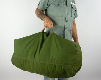 Vintage US Army Duffle Bag 1980s | Green OD7 Nylon Military Canvas Pack | Sea Utility