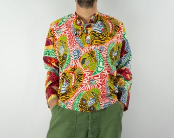 Vintage Psychedelic Tunic 1970s | Colorful Graphic Hippie Shirt | Loose Fit Cotton | M/L