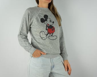 Moletom vintage do Mickey Mouse, anos 80 | Estampa clássica | Algodão cinza mesclado | Walt Disney | EUA | G