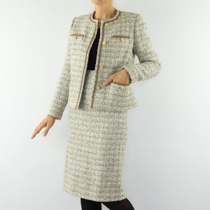 Vintage Kostümrock 1960er Jahre | Weißer Tweed-Bleistiftrock und Cropped Blazer-Jacke | Mod-Chic-Look | Klassischer Anzug | Hergestellt in Frankreich | Grösse S/M