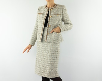 Vintage Skirt Suit Set 1960s | White Tweed Cropped Blazer & Pencil | Classic Chic | France |S/M