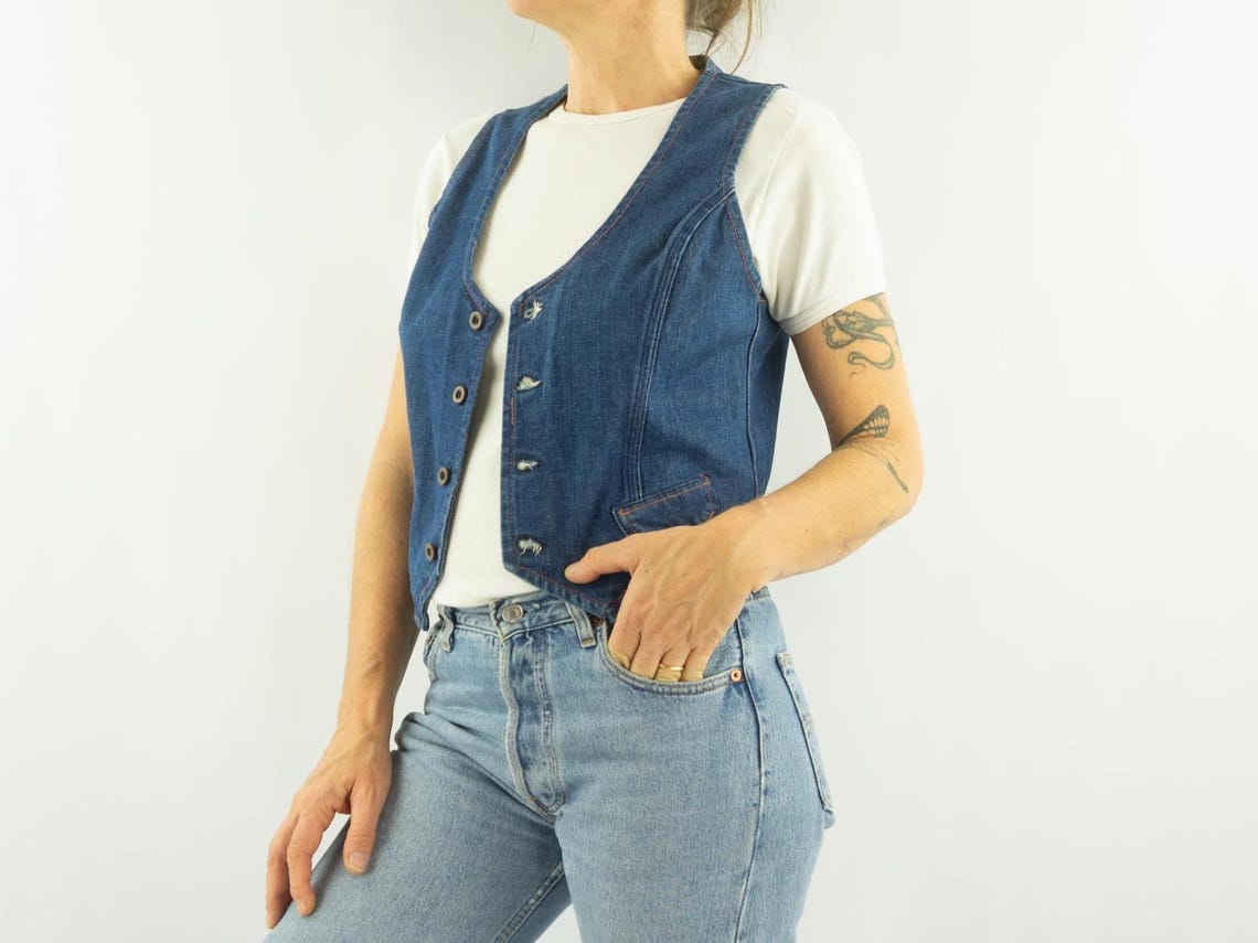 Vintage Wrangler Vest 1970/80s | Fitted Western Cut | Dark Blue Denim | USA | L, foto 2 de 5
