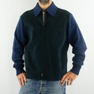 Chaqueta de punto vintage The Duffer of St George de los años 90 / Azul marino, lana y panel de gamuza vegana / L