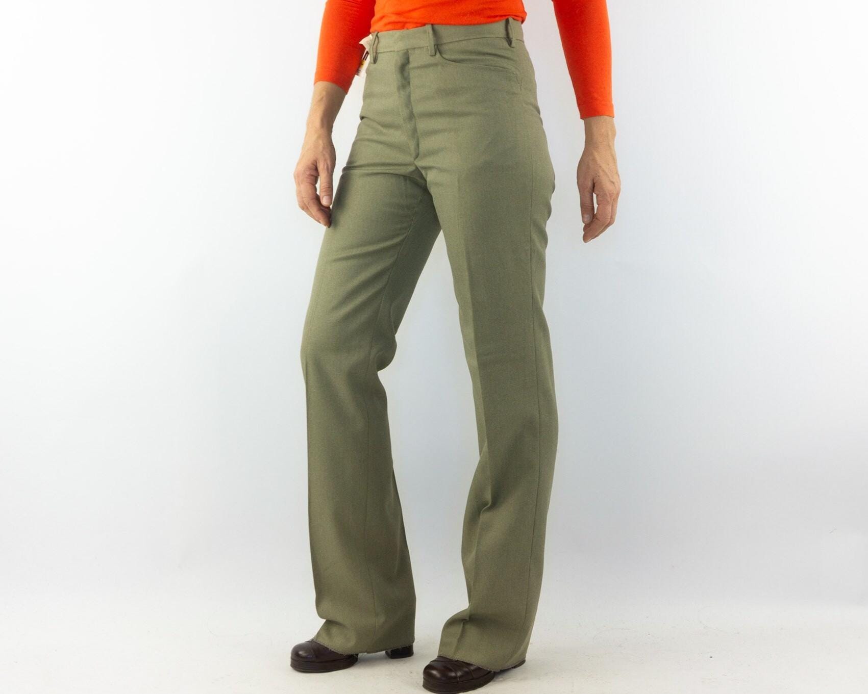 Vintage High Waist Flared Pants 1960s | Green Tergal Trousers