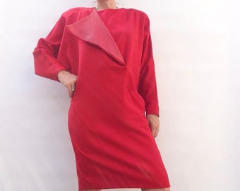 Claude Rap | Asymmetric Vintage Dress | 1980s | Red Wool Dress with Leather |  80s Winter Dress | Batwing Sleeves | Made in France | Size S