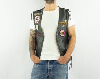 Vintage bikervest jaren 2000 | Zwart leren mouwloos motorjack | Veters aan de zijkant | L/XL