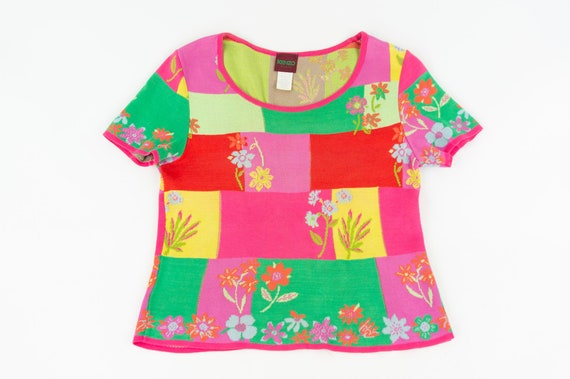 Kenzo Vintage Floral Knit Top 1990s | Colorful Cotton, Short
