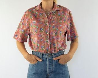 Vintage bloemenblouse jaren 80 | Rood katoenen zomershirt | Frankrijk | Mijn