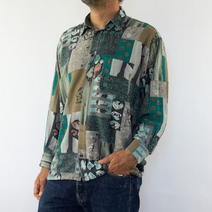 Vintage Men’s Crazy Print Shirt 1980s | Multicolor Abstract Pattern | Long Sleeves Fluid Fabric | Retro 90s Look | Size M