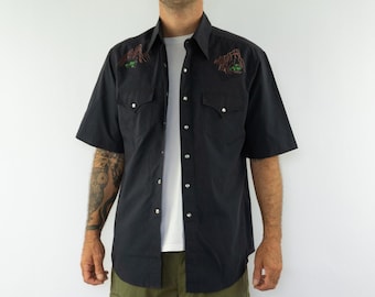 Vintage Kennington Western Shirt 1970s | Black Embroidered Cowboy Shirt, Pearl Snaps | L