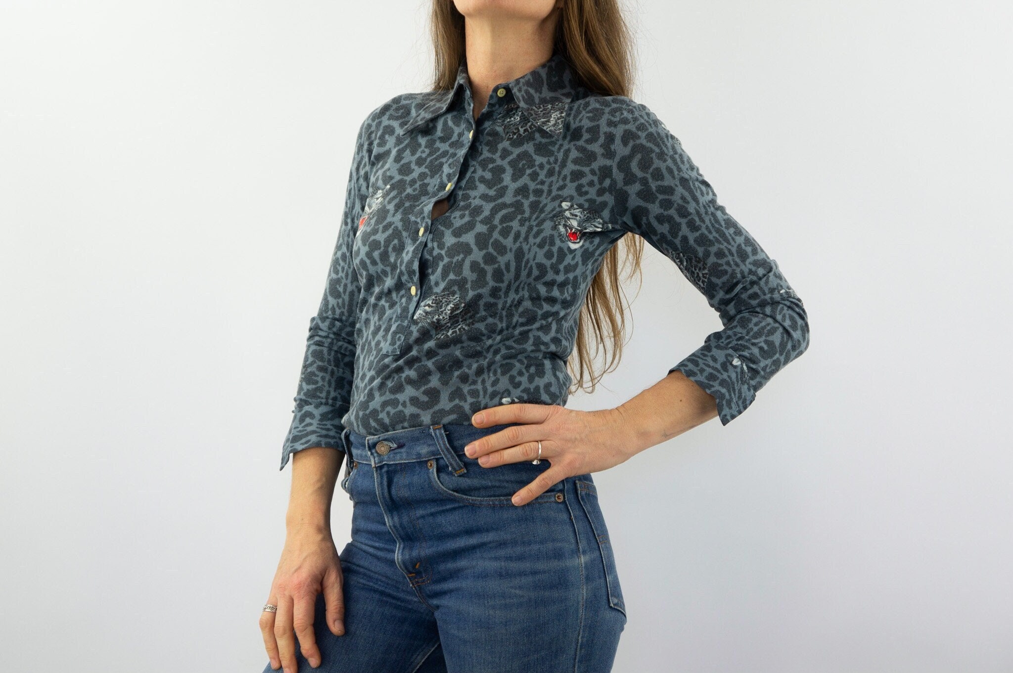 Camisa Estampada Vintage Años 70 Blusa Con Estampado Pantera