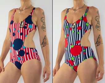 Bañador vintage años 80 / Rayas y círculos / Una pieza / NOS / Hecho en España