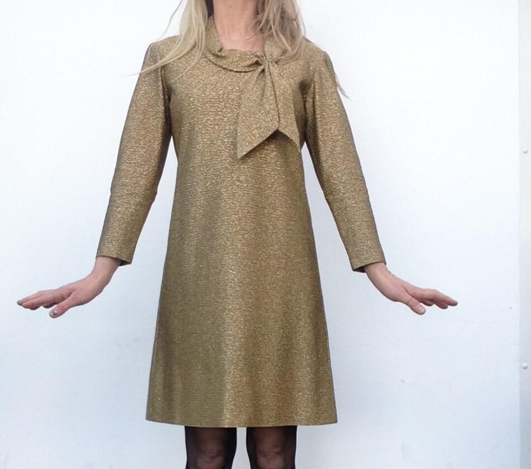 Vintage Gold Metallic Trapeze Dress 1960s | Shiny Mod Retro Cocktail Evening A-Line | France | M