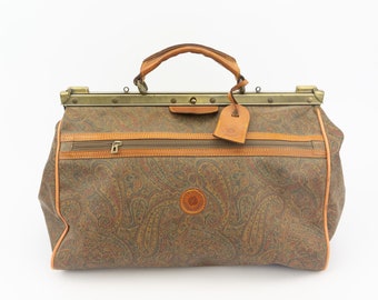 Vintage Doctor’s Bag 1980s | Leather Waterproof Paisley Fabric | Travel Weekender Bag