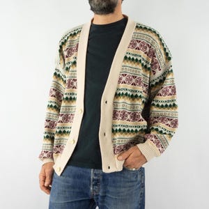 Vintage Jacquard Cardigan 1980s | Beige Wool Knit Jacket with Multicolor Geometric Pattern | Retro 80s Grunge Sweater with Buttons | Size L