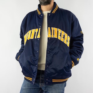 Starter | Vintage Baseball Satin Jacket | 1980s | West Virginia Mountaineers | NCAA Blue Bomber Jacket | Quilted Satin Jacket | Size L
